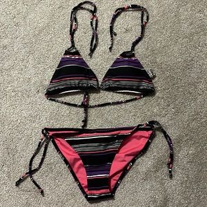 Striped string bikini set. Black, purple, pink & silver. Size 7.